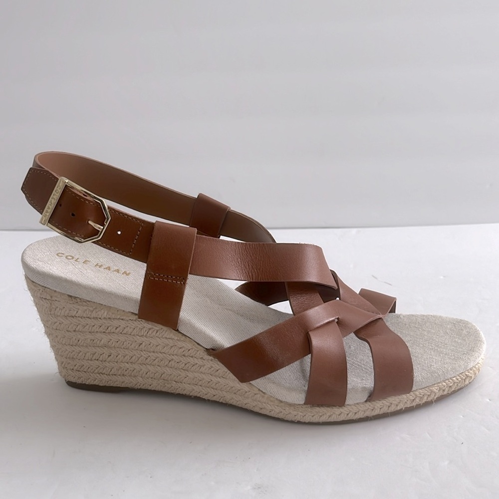 COLE HAAN $150 Women’s Crystal Brown Espadrille Wedge Sandals Size 9 New - Picture 5 of 8